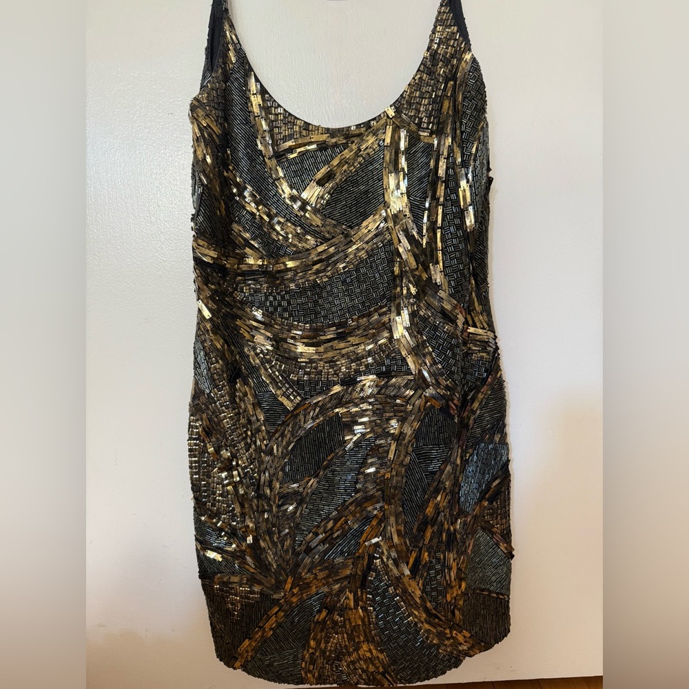 All Saints Embellished Sequin Dress in Black and Gold